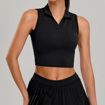 Running Breathable Sleeveless Yoga Vest Lapel Tennis Workout Clothes Top