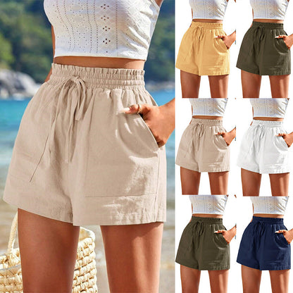 New Loose Linen Leisure Shorts Pocket Solid Color High Waist Wide Leg Pants